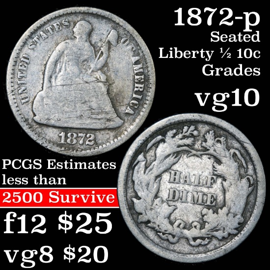 1872-p Seated Liberty Half Dime 1/2 10c Grades vg+