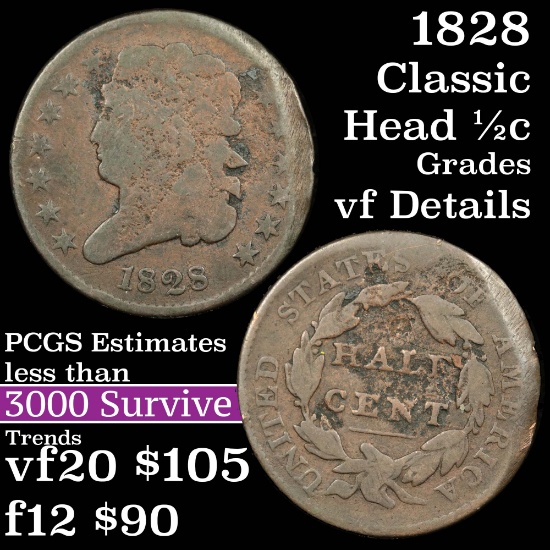 1828 Classic Head half cent 1/2c Grades vf details