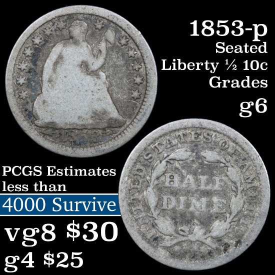 1853-p Seated Liberty Half Dime 1/2 10c Grades g+