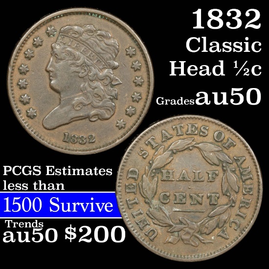 1832 Classic Head half cent 1/2c Grades AU, Almost Unc (fc)