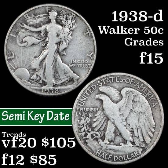 1938-d Walking Liberty Half Dollar 50c Grades f+
