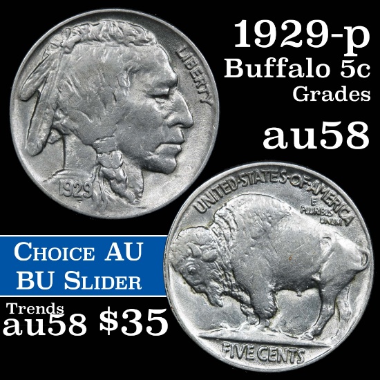 1929-p Buffalo Nickel 5c Grades Choice AU/BU Slider