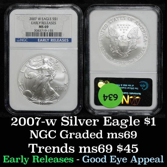 NGC 2007-w Silver Eagle Dollar $1 Graded ms69 By NGC