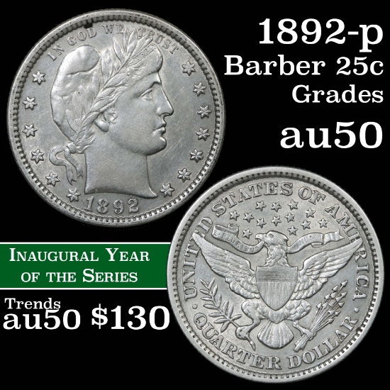 1892-p Barber Quarter 25c Grades AU, Almost Unc