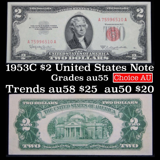 1953C $2 Red Seal United States Note Grades Choice AU