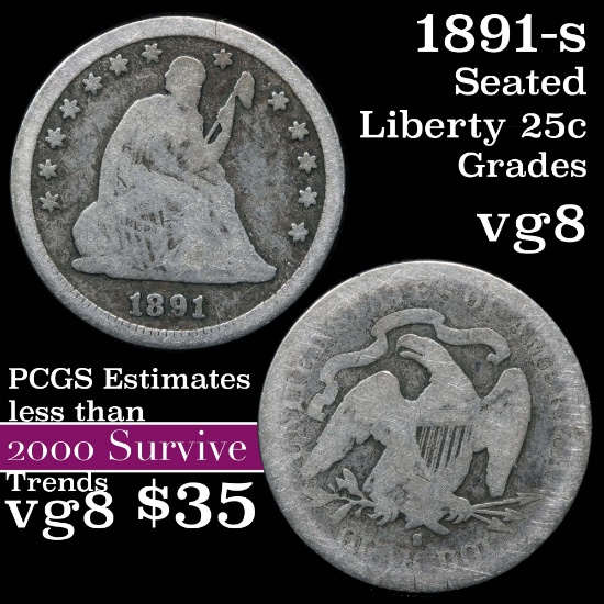 1891-s Seated Liberty Quarter 25c Grades vg, very good