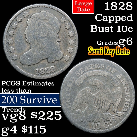 1828 Large Date Capped Bust Dime 10c Grades g+