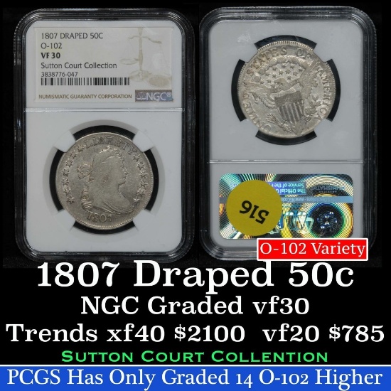 ***Auction Highlight*** 1807 Draped Bust Half Dollar 50c Graded vf30 by  NGC (fc)