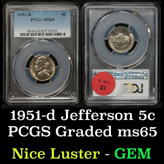 1951-d Jefferson Nickel 5c Graded GEM ms65 by PCGS