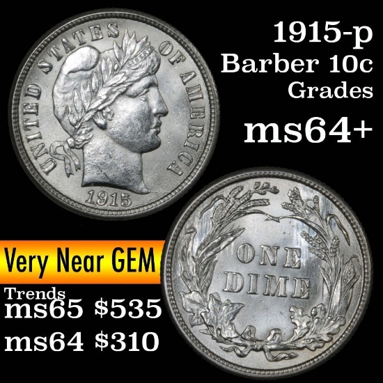 1915-p Barber Dime 10c Grades Choice+ Unc