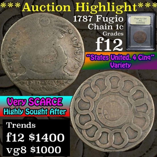 ***Auction Highlight*** 1787 States United, 4 Cinq Fugio 1c Graded f, fine by USCG (fc)