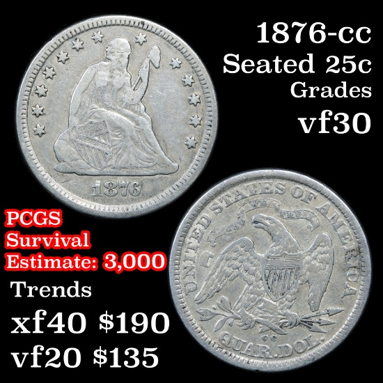 1876-cc Seated Liberty Quarter 25c Grades vf++