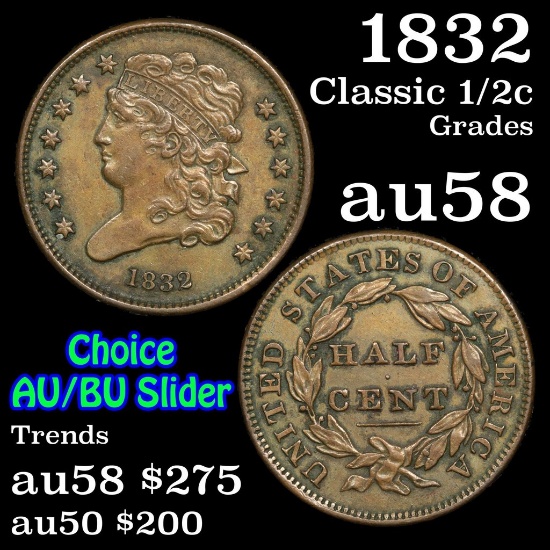 1832 Classic Head half cent 1/2c Grades Choice AU/BU Slider