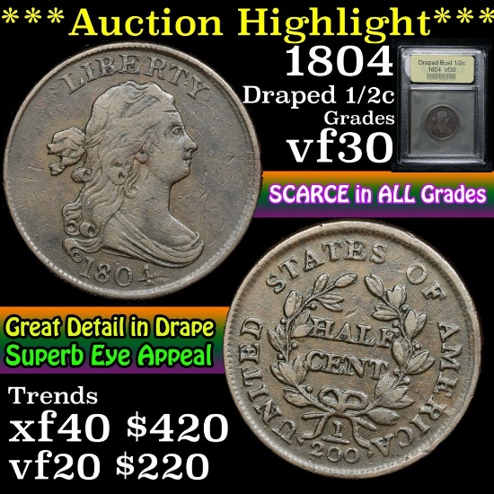1804 Draped Bust Half Cent 1/2c Graded vf++ by USCG (fc)