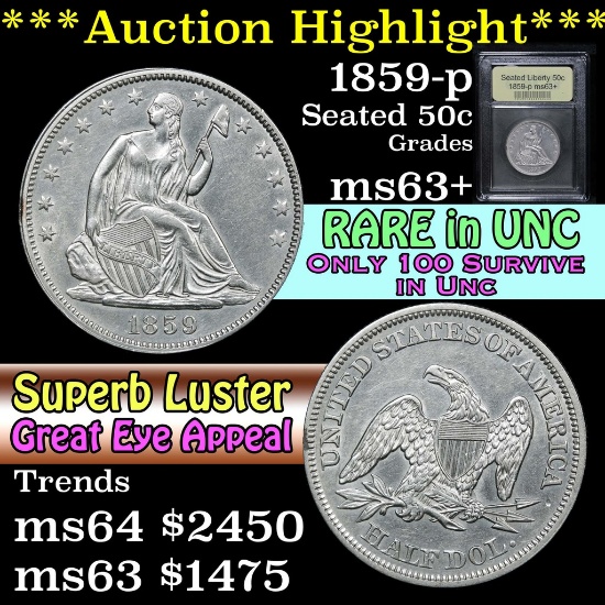 ***Auction Highlight*** 1859-p Seated Half Dollar 50c Graded Select+ Unc by USCG (fc)