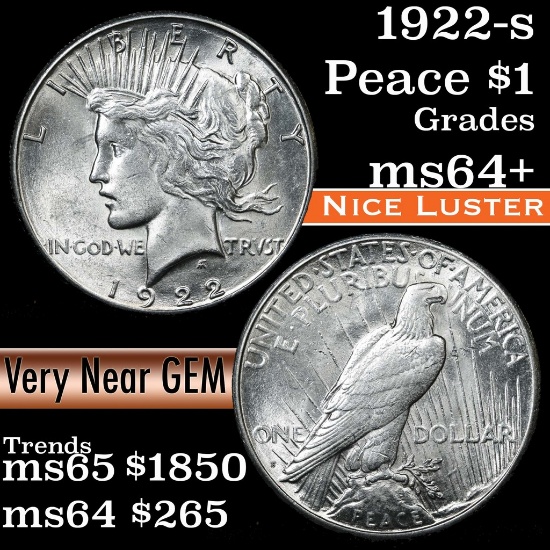 1922-s Peace Dollar $1 Grades Choice+ Unc