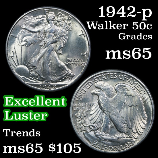 1942-p Walking Liberty Half Dollar 50c Grades GEM Unc
