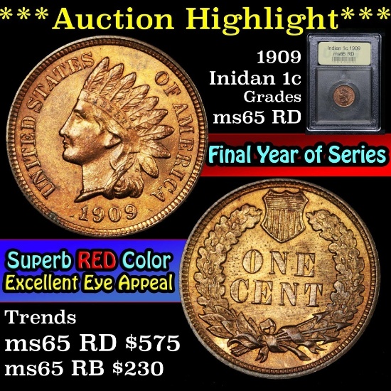 ***Auction Highlight*** 1909 Indian Cent 1c Grades GEM Unc RD (fc)