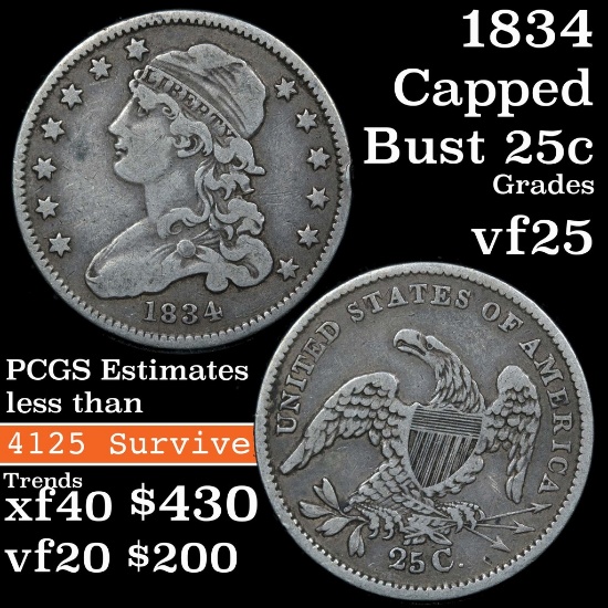 1834 Capped Bust Quarter 25c Grades vf+