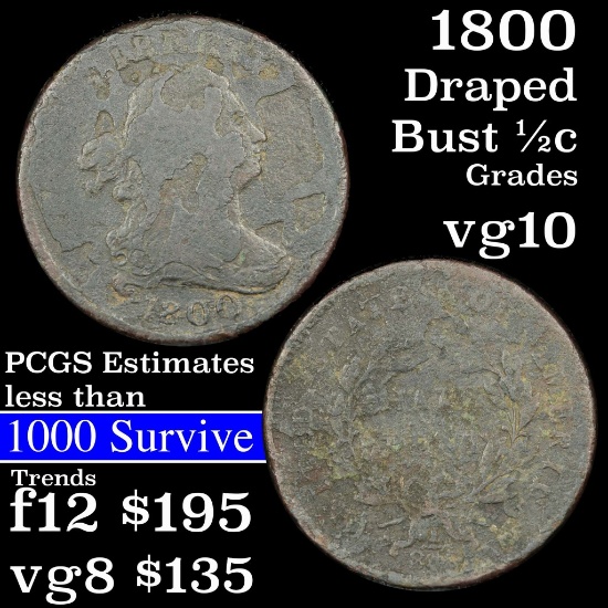 1800 Draped Bust Half Cent 1/2c Grades vg+