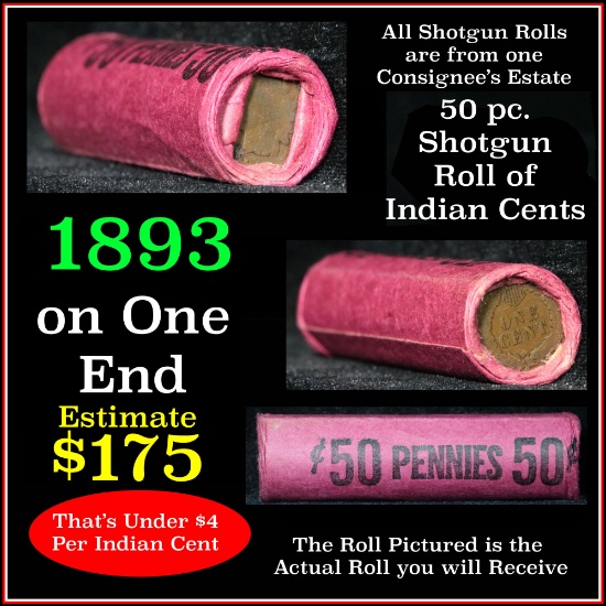 Indian Head Penny 1c Shotgun Roll, 1893 on one end, reverse on the other