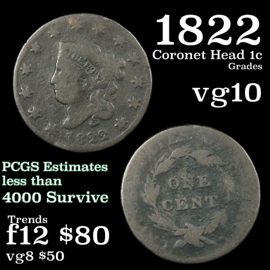 1822 Coronet Head Large Cent 1c Grades vg+