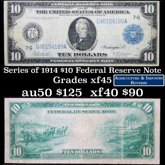 Series of 1914 $10 Blue Seal Federal Reserve Note, Chicago Grades xf+