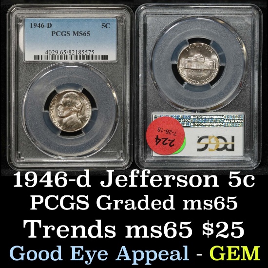 1946-d Jefferson Nickel 5c Graded GEM ms65 by PCGS