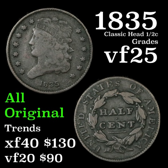 1835 Classic Head half cent 1/2c Grades vf+