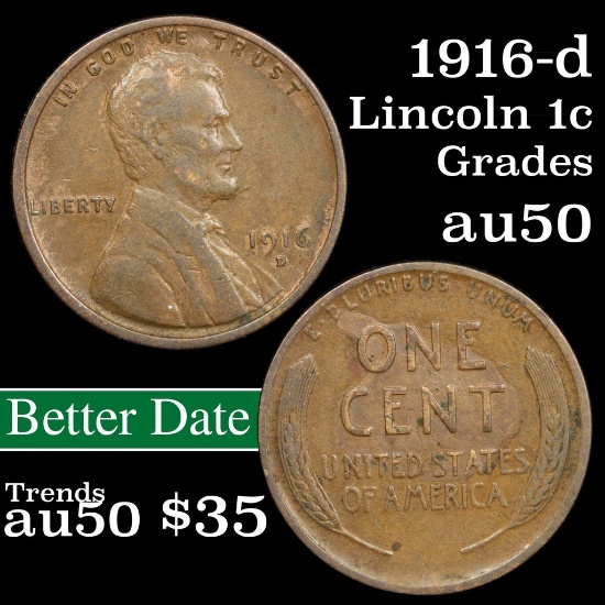 1916-d Lincoln Cent 1c Grades AU, Almost Unc