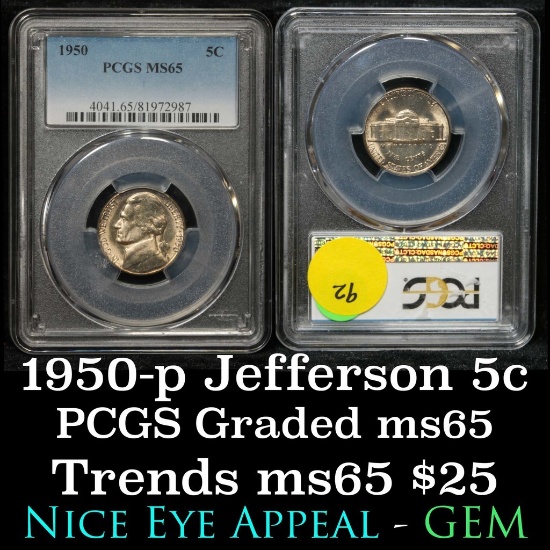 1950-p Jefferson Nickel 5c Graded GEM ms65 by PCGS