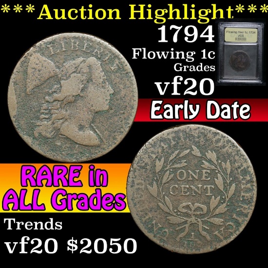 ***Auction Highlight*** 1794 Flowing Hair large cent 1c Graded vf, very fine by USCG (fc)