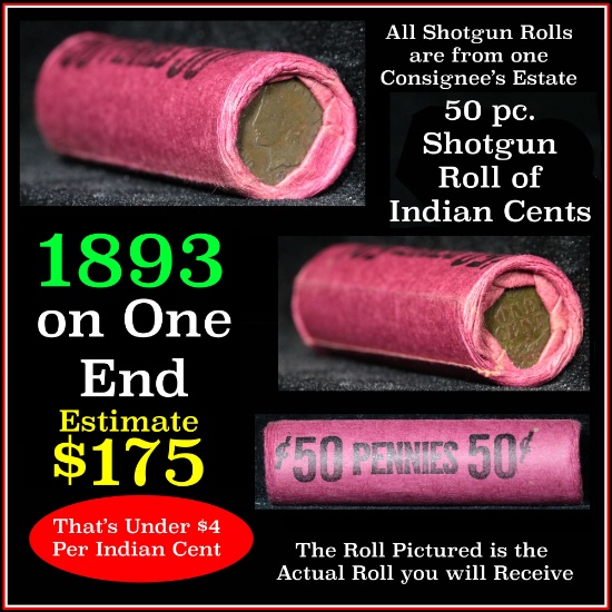 Indian Head Penny 1c Shotgun Roll, 1893 on one end, reverse on the other