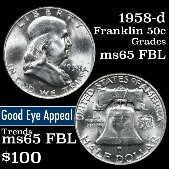 1958-d Franklin Half Dollar 50c Grades GEM FBL