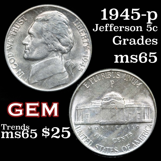 1945-p Jefferson Nickel 5c Grades GEM Unc