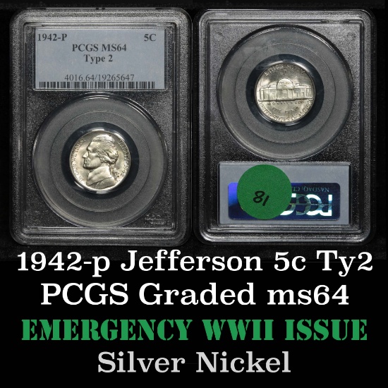 PCGS 1942-p Jefferson Nickel 5c Graded ms64 by PCGS
