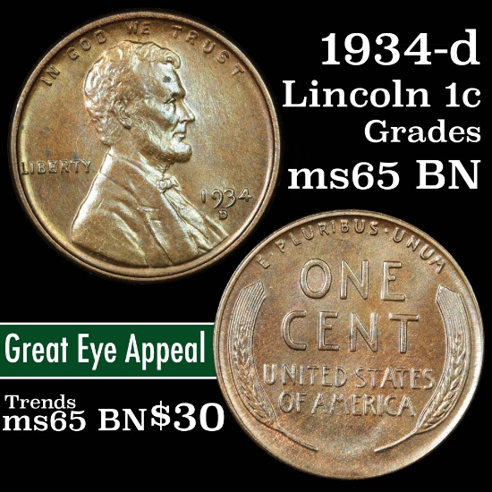 1934-d Lincoln Cent 1c Grades GEM Unc BN