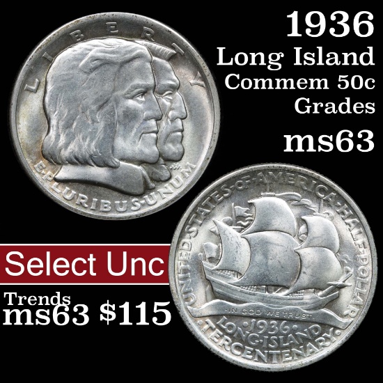 1936 Long Island Old Commem Half Dollar 50c Grades Select Unc
