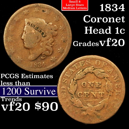 1834 Coronet Head Large Cent 1c Grades vf, very fine