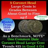 5 Coronet Head Large Cent 1c Grades ag-f