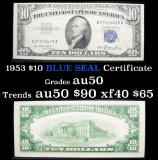 1953 $10 Blue Seal Silver certificate Grades AU, Almost Unc