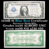 1928B $1 Blue seal Silver Certificate , sigs Woods/Mills Grades AU, Almost Unc