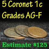 5 pieces different dates Coronet Head Large Cent 1c Grades ag-f