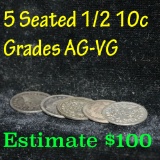 5 assorted dates  Seated Liberty Half Dime 1/2 10c Grades vg-vf