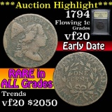 ***Auction Highlight*** 1794 Flowing Hair large cent 1c Graded vf, very fine By USCG (fc)