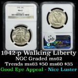 NGC 1942-p Walking Liberty Half Dollar 50c Graded ms62 By NGC