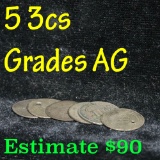5 assorted date  3 Cent Silver 3cs Grades ag, almost good
