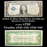 1928A $1 Blue seal Silver Certificate , sigs Woods/Mellon Grades vf++