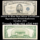 1953A $5 Blue Seal Silver Certificate, Sigs Priest/Anderson Grades vf++