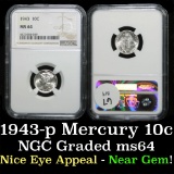 NGC 1943-p Mercury Dime 10c Graded ms64 By NGC